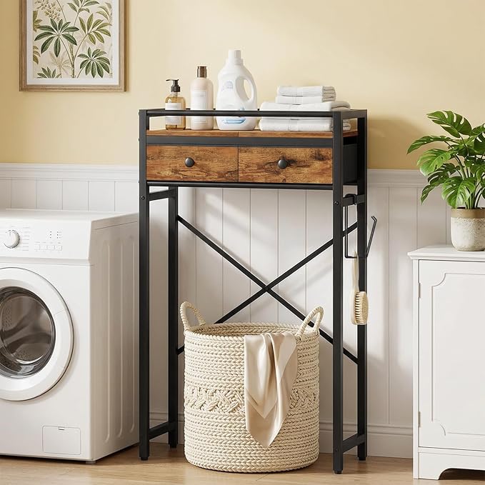 MAHANCRIS Over Toilet Storage, 2-Tier Bathroom Organizer Shelf with 2 Fabric Drawers and Toilet Paper Holder, Freestanding Above Toilet Rack for Small Spaces, Space-Saving, Rustic Brown TSHR1101