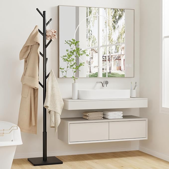 Coat Rack Freestanding with Stable Square Base for Cloathes, Hat, Used in Bedroom, Office and Entryway, Sturdy and Easy Assembly Coat Tree with 3 Adjustable Sizes and 8 Hooks, Black