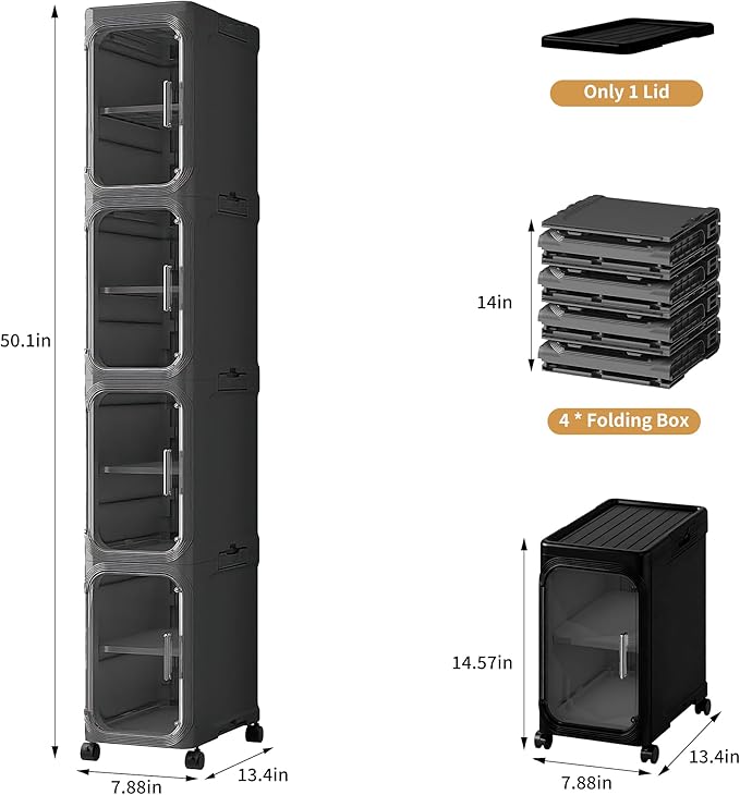4-Tier Tall Narrow Storage Cabinet, Slim Bathroom Storage Cabinet with Adjustable Shelves and Wheels, Narrow Organizer for Small Space, Bathroom, Kitchen, Laundry, Black