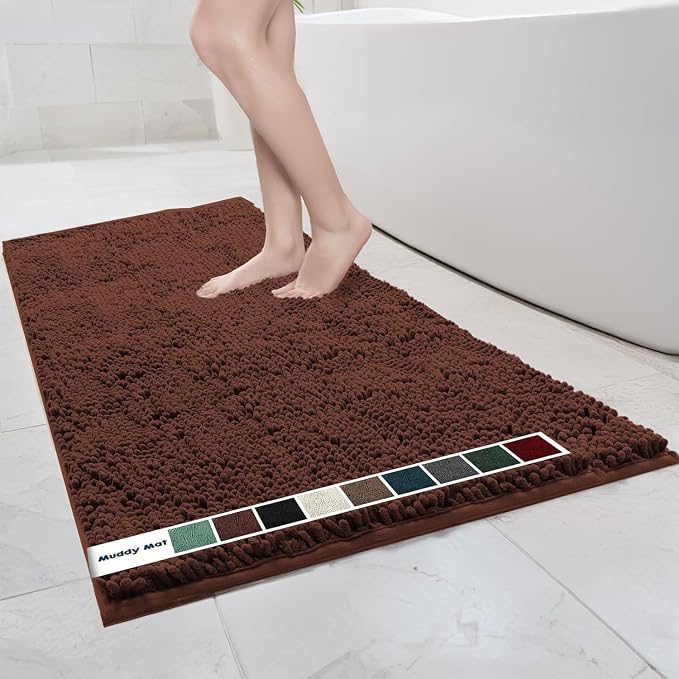 Muddy Mat® | Chenille Bathroom Rugs Quick Dry Microfiber Mats Non Slip Washable, Extra Thick, Soft and Highly Absorbent Bath Mats for Bathroom, Kitchen, and Shower Floor - Brown 36"x60"
