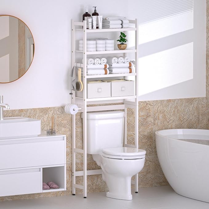 Cozivolife Over The Toilet Storage: 4-Tier Bamboo Organizer Rack with 2 Baskets & Paper Holder & 4 Hooks & Waterproof Feet Pad, Adjustable Freestanding Shelf for Bathroom (White)