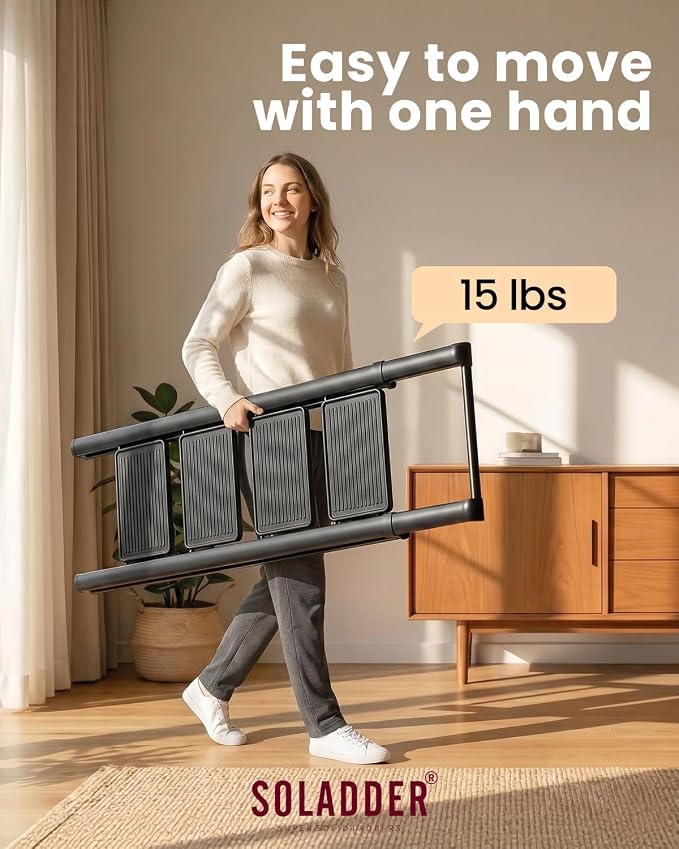 SOLADDER 4 Step Ladder with Handrails, Anti-Slip and Foldable Step Stool with Widen Pedals, Portable Stepladders for Home, Kitchen and Indoor, Space Saving -300lbs (Black)