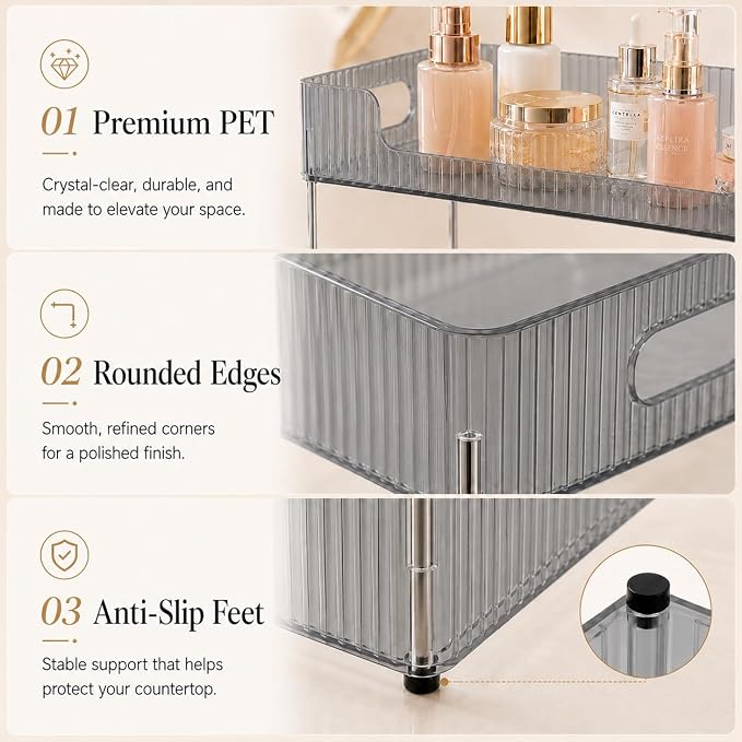 Goderewild Bathroom Counter Organizer, Multi-Purpose Cosmetics Skincare Shelf, Makeup Organizer for Vanity Tray, Countertop Storage Solution for Kitchen and Bath. (Smoky Gray, 3-Tier)