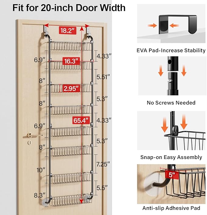 Delamu Over The Door Pantry Organizer, 8-Tier Pantry Door Organizers and Storage, Metal Hanging Spice Rack, Seasoning Organizer, Door Organizer for Home Kitchen Bathroom, Black
