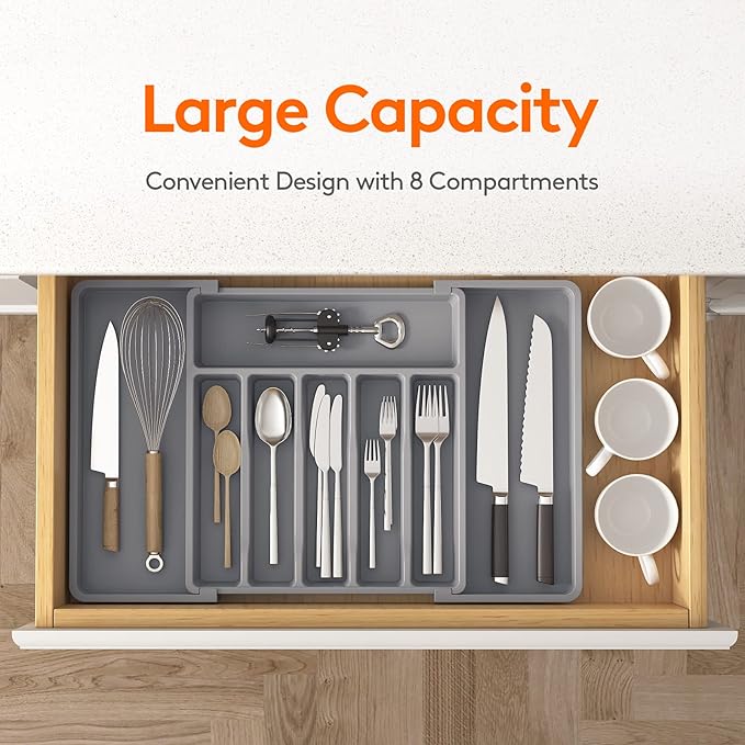 Lifewit Silverware Drawer Organizer, Expandable Utensil Tray for Kitchen, BPA Free Flatware and Cutlery Holder, Adjustable Plastic Storage for Spoons Forks Knives, 13-22 x 15", Grey