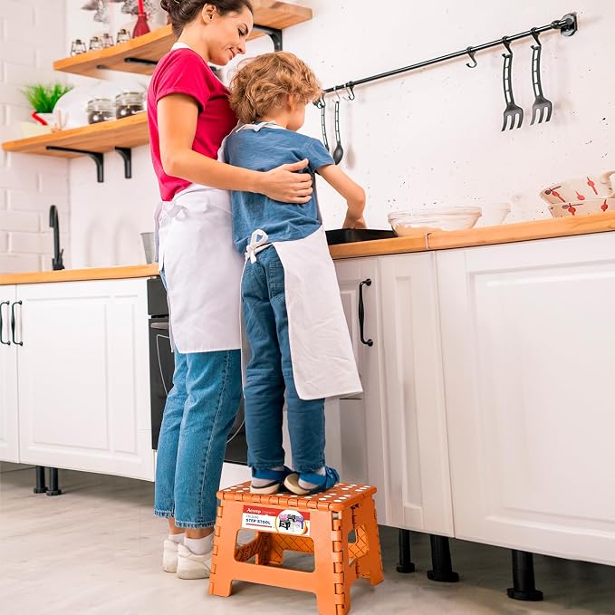 ACSTEP 9 Inch Folding Step Stool 300 LB Capacity Plastic Foldable Step Stools for Kids and Adults, Folding Stool Suitable for Kitchen, Stepping Stool with Handle Orange Small Step Stool 1PC
