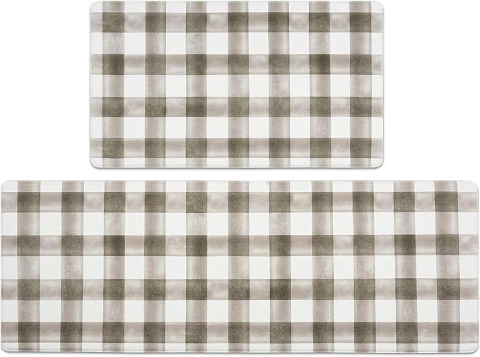 FRESHMINT Modern Farmhouse Plaid 2 Piece Set Kitchen Mats for Floor Anti Fatigue Waterproof & Non-Skid Kitchen Rugs Cushioned Kitchen Mat for Standing Washable Comfort Desk Kitchen Runners