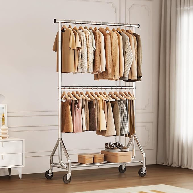 HYSEYY Heavy Duty Clothes Rack, Double Rod Clothing Rack for Hanging Clothes, Rolling Garment Rack, Adjustable Freestanding Wardrobe Closet Coat Rack for Bedroom Laundry Living Room, Silver