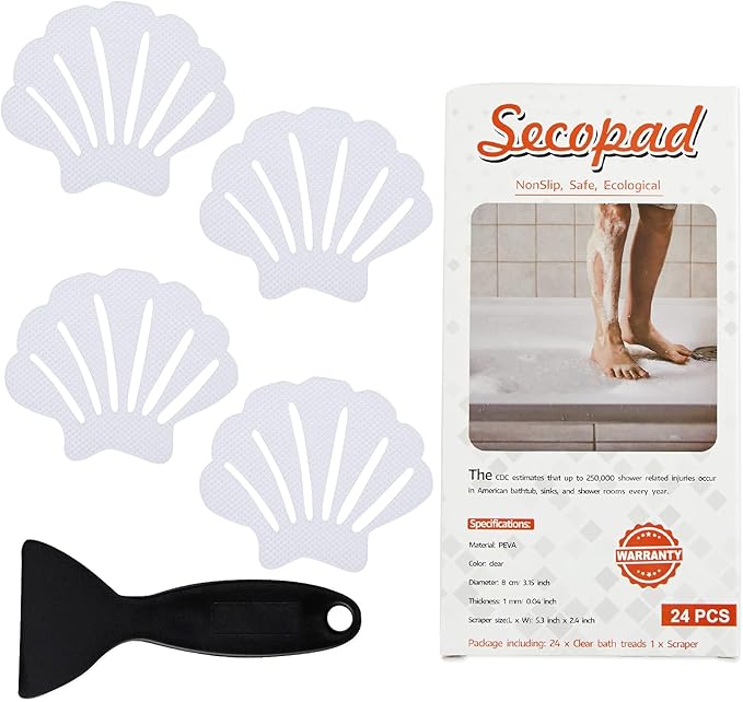 Secopad Non-Slip Bathtub Stickers, 24 PCS Shell Safety Bathroom Tubs Showers Treads Adhesive Decals Scraper (Clear)