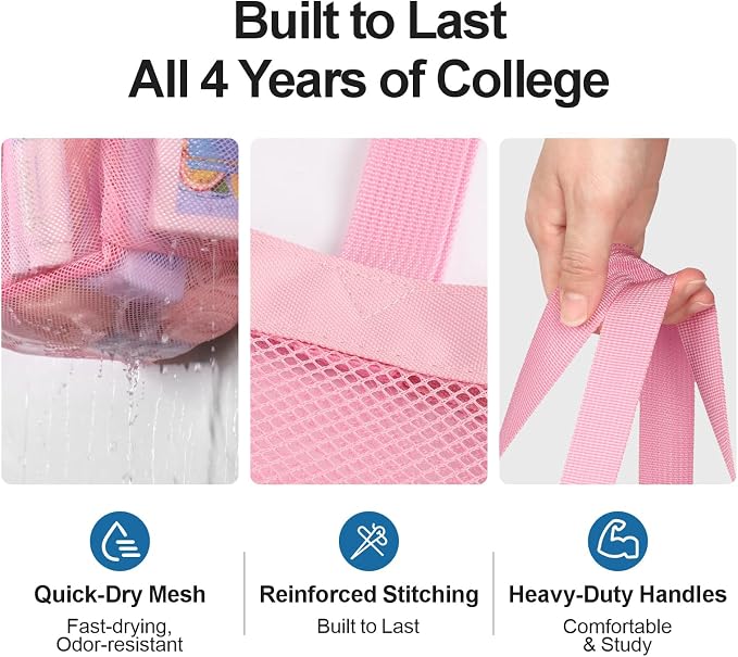 F-color Mesh Shower Caddy Portable, Upgrade Deeper 7 Pockets Shower Bag Basket Tote for College Dorm Room Toiletry Bathroom Essentials Gym Camp Quick Dry 2 handles with S Hook, Pink