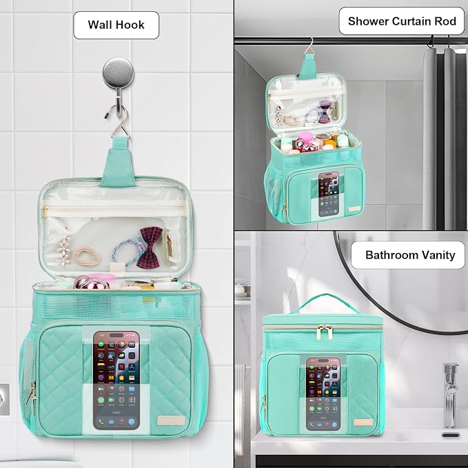 Portable Shower Caddy College Dorm Essentials(Full Size Bottle Compatible), Toiletry Bag for Women Men, Hanging Makeup Organizer Bag for Travel,Gym & Camping, Mint Green