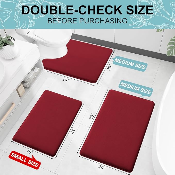 Smiry Memory Foam Bath Mat 24x16, Extra Soft and Absorbent Bathroom Mats, Non Slip Washable Carpet for Floor, Shower and Tub, Red