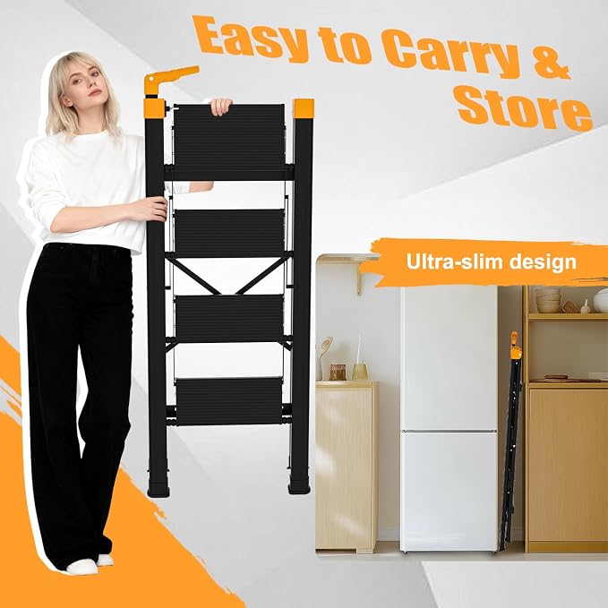 4 Step Ladder with Single-Handrail, Aluminum Step Stool Foldable, Lightweight Sturdy Step Ladder with Anti-Slip Pedals,Convenient Handrail for Home Kitchen Closet, 600lbs Max Load Capacity (Yellow)