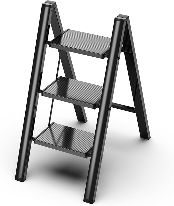 3 Step Ladder, Folding Step Stool with Wider Pedal, Anti-Slip Feet & Non Slip Stripes, Aluminum Sturdy Material, 300Lbs Capacity, Elegant Look of Piano Black Better Matches Your Home