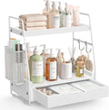 2-Tier Bathroom Counter Organizer with Drawer and Removable Basket, Wood Vanity Countertop Storage for Perfume, Makeup, Skincare, Bathroom Counter Shelf, 13" x 7.9" x 14.5", White