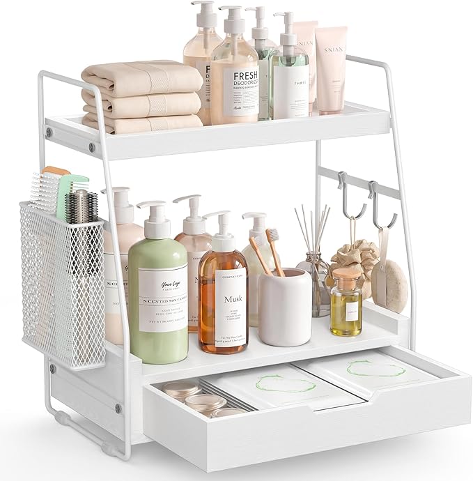 2-Tier Bathroom Counter Organizer with Drawer and Removable Basket, Wood Vanity Countertop Storage for Perfume, Makeup, Skincare, Bathroom Counter Shelf, 13" x 7.9" x 14.5", White