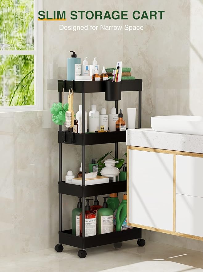 LEHOM Slim Rolling Storage Cart - 4 Tiers Bathroom Organizer Utility Cart Slide Out Storage Shelves Mobile Shelving Unit for Kitchen, Bedroom, Office, Laundry Room, Small Narrow Spaces（7.1" W+Black）