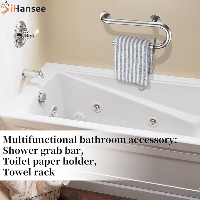𝐔𝐩𝐠𝐫𝐚𝐝𝐞𝐝 Toilet Grab Bars 16 Inch - Toilet Paper Holder Grab Bar Stainless Steel Knurled Toilet Grab Bars for Seniors Bathtub Bathroom Rails for Elderly Safety Balance Support, Brushed Nickel