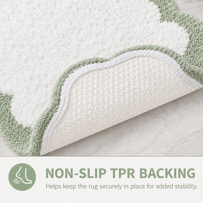 Scalloped Sage Green Bath Rug, Cute Bathroom Rug, Soft Absorbent Quick Dry Bath Mat, TPR Non Slip Backing, Microfiber Mat for Shower Tub Sink Vanity 20" x 31.5"