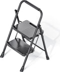 KINGRACK Folding 2 Step Ladder, Portable Ladder for Multi-Purpose, Home, Kitchen, Heavy Sturdy Steel Step Stool with Anti-Slip Wide Pedals, Handrail, Safe-Lock Design, Pass 500lbs Load Testing, Black