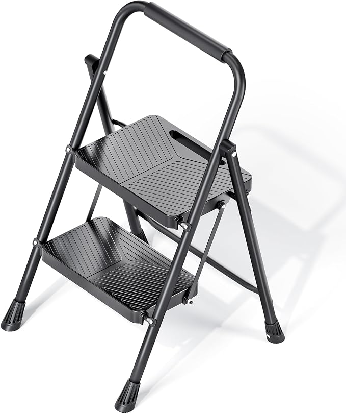 KINGRACK Folding 2 Step Ladder, Portable Ladder for Multi-Purpose, Home, Kitchen, Heavy Sturdy Steel Step Stool with Anti-Slip Wide Pedals, Handrail, Safe-Lock Design, Pass 500lbs Load Testing, Black