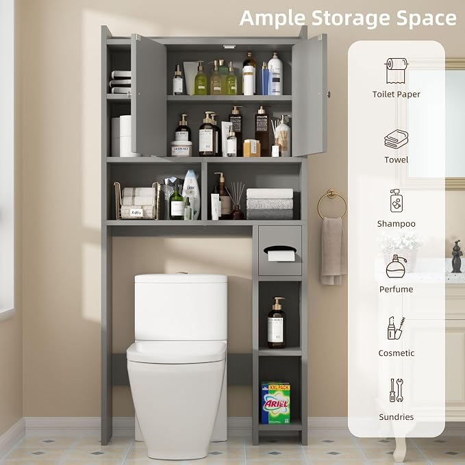 Shintenchi Over the Toilet Storage Cabinet, Bathroom Storage Cabient with Barn Doors, Bathroom Storage Shelf Organizer with Toilet Paper Holder, Adjustable Shelf and Anti-Tip Device, Gray