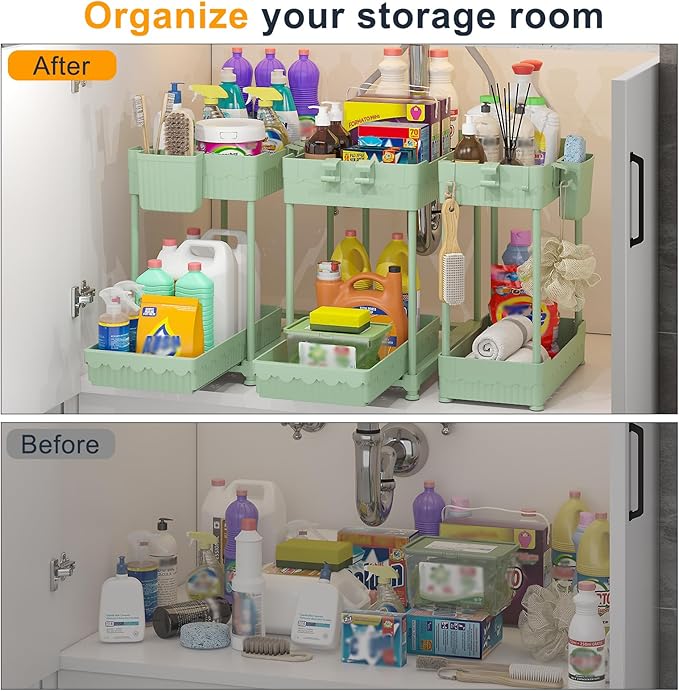 Sevenblue 3 Pack Under Sink Organizers,2-Tier Multi-Use Kitchen and Bathroom Organizers and Storage with Sliding Drawers,Bathroom Cabinet Organizer (Green, 12.8 Inch)