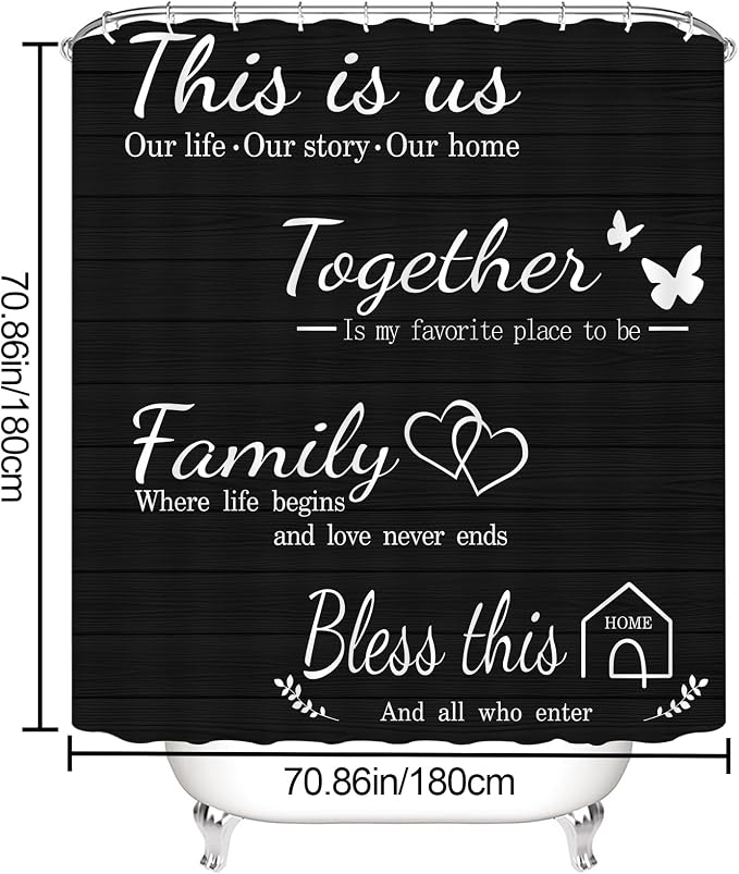 4Pcs Family Shower Curtain Sets with Non-Slip Rugs, Toilet Lid Cover and Bath Mat, Black Home Bathroom Decor Set Accessories Waterproof Shower Curtains with 12 Hooks, 72 x 72 Inch