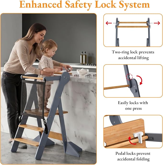 COSYLAND Foldable Toddler Standing Tower - Adjustable Height Folding Step Stool Kids Toddler Kitchen Stool for Learning and Cooking - Ages 18 Months to 6 Years with Safety Net Natural & Grey