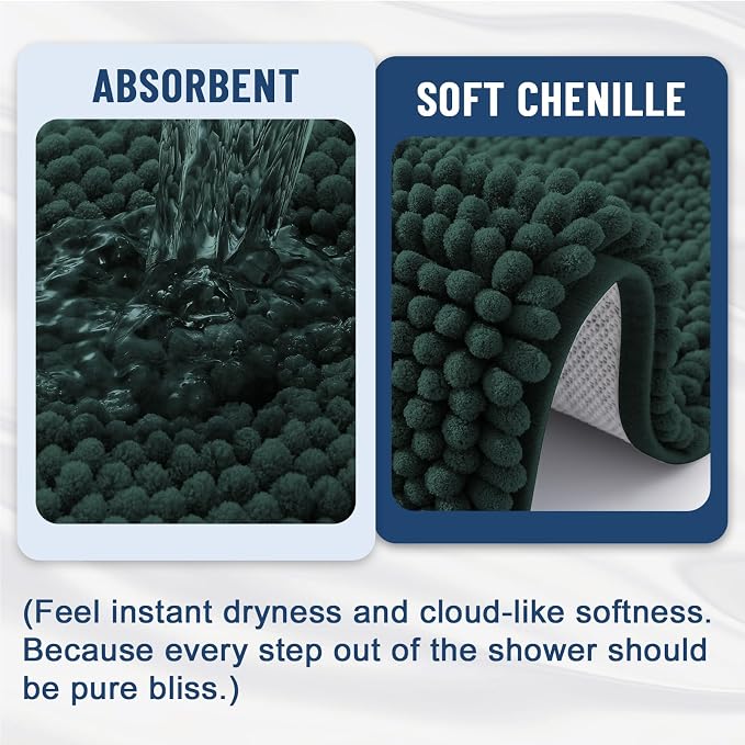 Grandaily Chenille Striped Bathroom Rugs 24x16, Extra Thick and Absorbent Bath Mats, Non-Slip Soft Plush Shaggy Shower Carpet, Machine Wash Dry, Bath Rug for Bathroom, (Small, Dark Green)