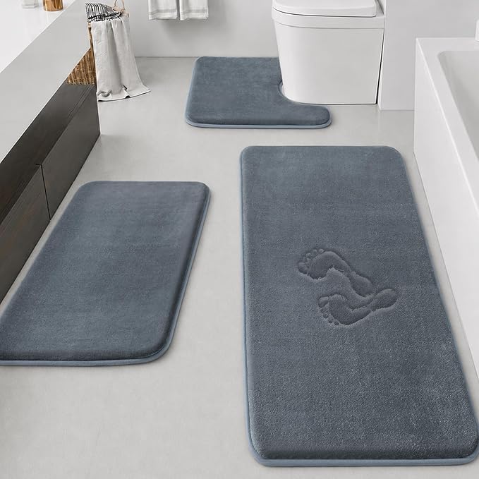 HUXMEYSON Bathroom Rugs Sets 3 Piece, Non-Slip & Quick Dry Bath Mat Set, Ultra Soft Velvet Bath Rugs for Bathroom, Toilet and Shower Floor, Grey