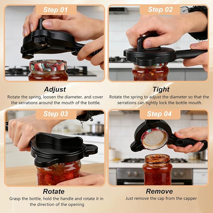 4 in 1 Multi-Purpose Jar Opener,Magnetic Stainless Steel Can Opener with Ergonomic Handle,Multi Size Lid Tool for Jars Cans Wine Bottles, Home Kitchen Helper(Black)