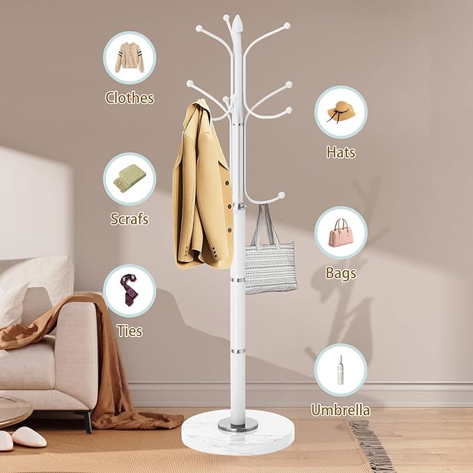 OIRUMIE Coat Rack with Natural Marble Base, Metal Modern Coat Racks Freestanding, Coat Rack Stand with 12 Hooks, Coat Tree Hats Hanger Stand for Entryway, Hallway (12 Hooks-White)