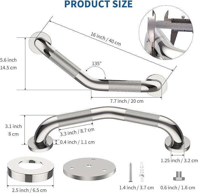 16 Inch Angled Shower Grab Bar, Munzong Anti Slip Satin Brushed Nickel Bathroom Grab Bar, Knurled Bathroom Balance Bar,Safety Hand Rail Support Handicap Elderly Injury Senior Assist Bath Handle