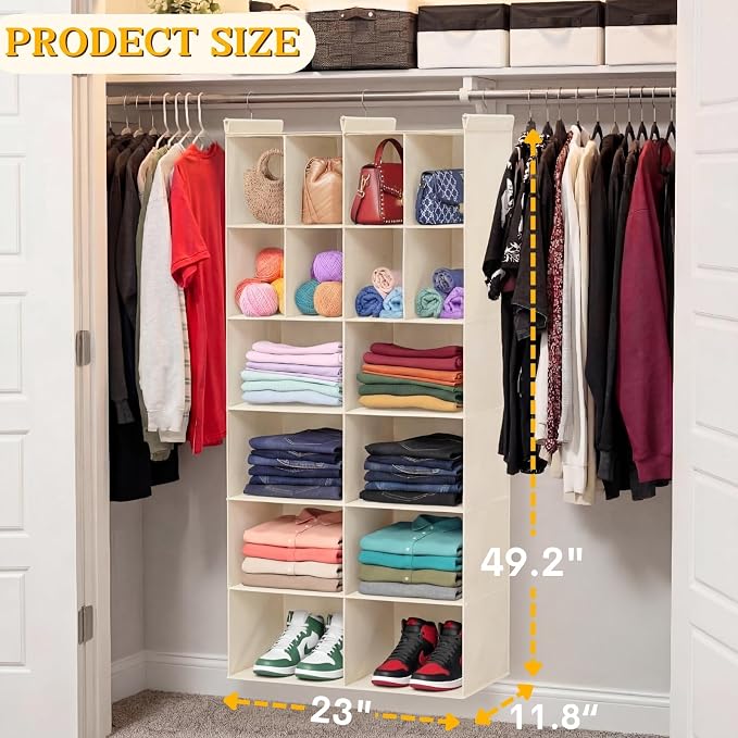 Ofiray-home 6 Tier Hanging Closet Organizer, 16 Compartments Sweater Organizer for Closet with 3 Sturdy Hooks, Closet Organizers and Storage, Wardrobe, Rv, Garment Rack, Beige