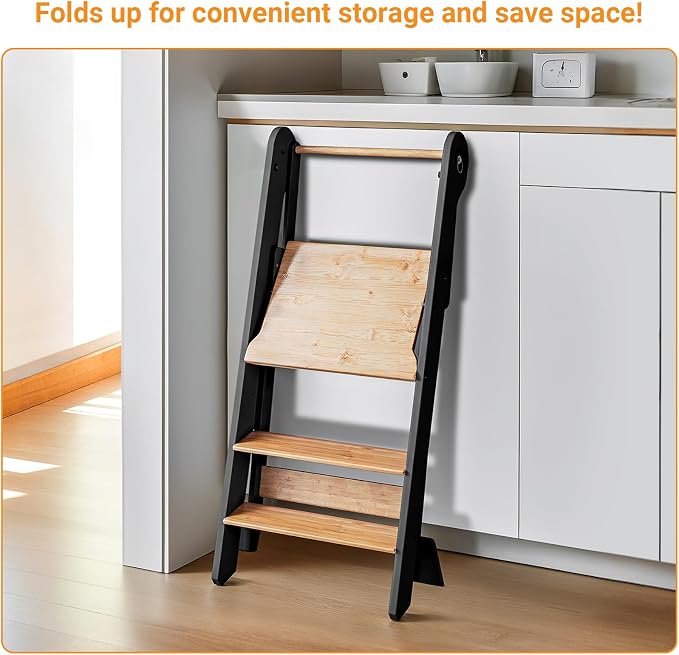 COSYLAND Foldable Toddler Standing Tower - Adjustable Height Folding Step Stool Kid Toddler Kitchen Stool for Learning and Cooking - Ages 18 Months to 6 Years with Safety Net Natural & Charcoal