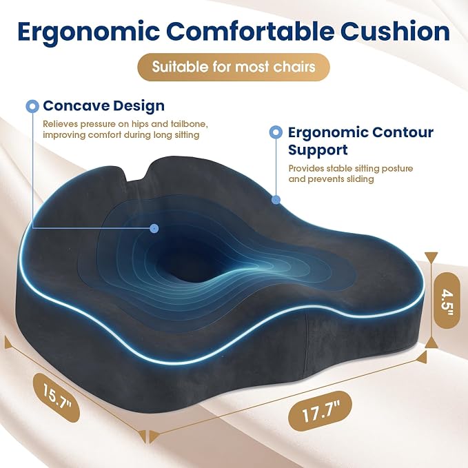 Seat Cushion,Thick Memory Foam Cushions for Office Chair, Car Seat, Airplane, Relieving Pressure Tailbone Sciatica Back Pain for Long Sitting Office Workers, Car Drivers Grey