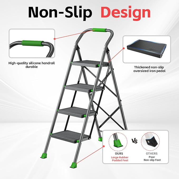 Step Ladder Foldable Folding Stool - for Home Adults Kitchen 4 Stepping Extension Tall Heavy Duty with Handrails - Closet Stepstool Stair Ladders Extendable Stepladder for Indoor House 600Lbs
