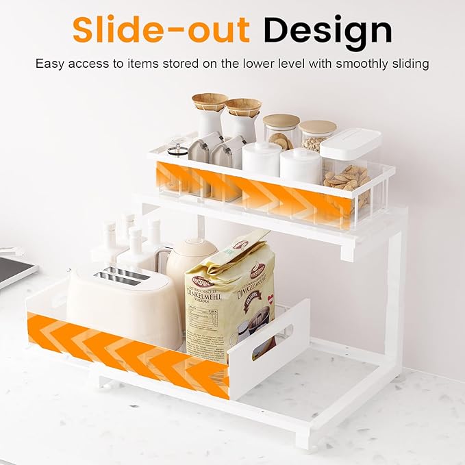 Under Sink Organizer, Heavy Duty Metal Pull Out Cabinet Organizer Slide Out Sink Shelf Organizer Height Adjustable, Multi-Purpose Storage Shelf for Kitchen Bathroom(White,2Pack)