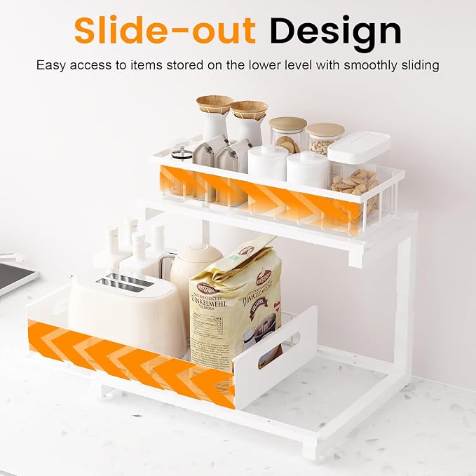 Under Sink Organizer, Heavy Duty Metal Pull Out Cabinet Organizer Slide Out Sink Shelf Organizer Height Adjustable, Multi-Purpose Storage Shelf for Kitchen Bathroom(White,1Pack)