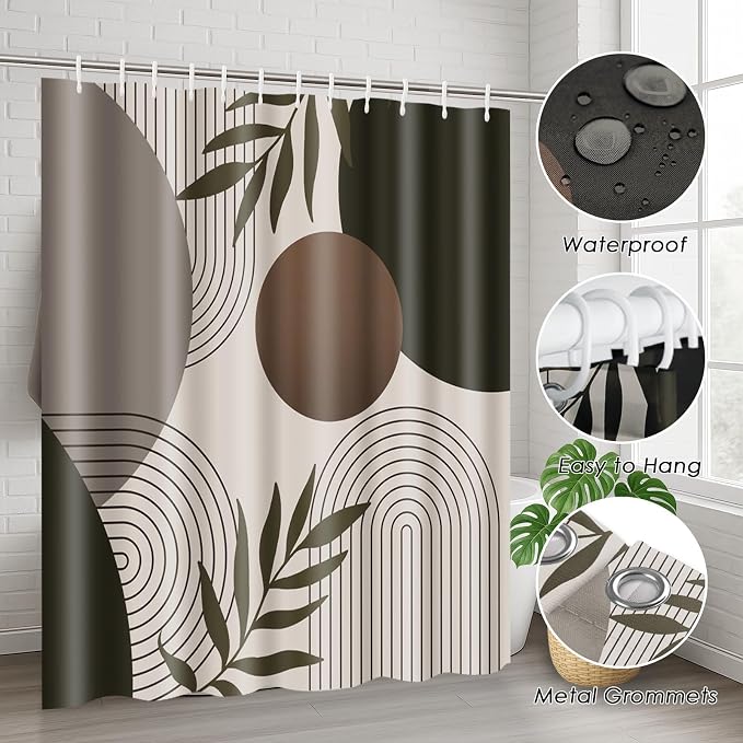 Boho Shower Curtain Set with Toilet Lid Cover and Non-Slip Rugs, Vintage Brown and Beige Tan Taupe Minimalist Geometric Mid Century Leaf 4 Pcs Shower Curtain for Bathroom Set with 12 Hooks