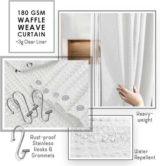 Clara Clark Bathroom Accessories Set - 27PC Bathroom Set with Adhesive Corner Shower Caddy Hanging, Bathroom Sets with Shower Curtain and Rugs, White Shower Curtain Set with Bathroom Trash Can