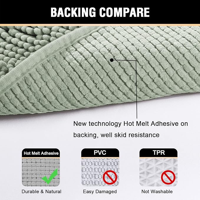 H.VERSAILTEX Bath Mat Bathroom Rug Bath Rugs for Bathroom Non Slip Bath Mats Extra Thick Chenille Rug 17" x 24" Absorbent Soft Shaggy Washable Dry Fast Plush Rugs for Bathtubs - Sage