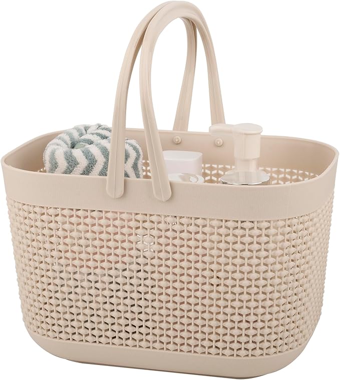 UUJOLY Plastic Organizer Storage Baskets with Handles, Shower Caddy Bins Organizer for Bathroom and kitchen, Beige