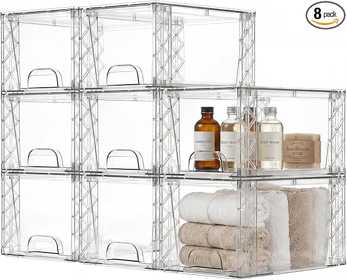 Plastic Stackable Drawers 8 Pack, 7in Bathroom Organizers and Storage Boxes Simply Assembled Containers Bins Suitable for Cosmetics, Kitchen, Cabinets, Snack