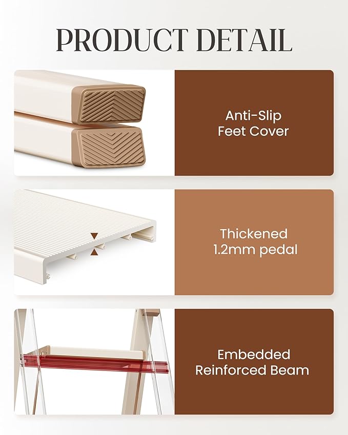 3 Step Ladder, Aluminum Folding Step Stool with Anti-Slip Sturdy and Wide Pedal, Lightweight Portable Stepladder for Home and Kitchen Use Space Saving, 330 lbs, Chocolate White