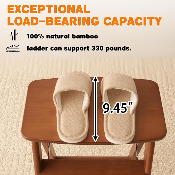 Baveke 3 Step Ladder Folding Step Stool, Wooden Step Stool Foldable, Folding Step Stools for Adults, Bamboo Kitchen Ladder, Three Stepladder for Library (Brown, FSC-Certified Bamboo)