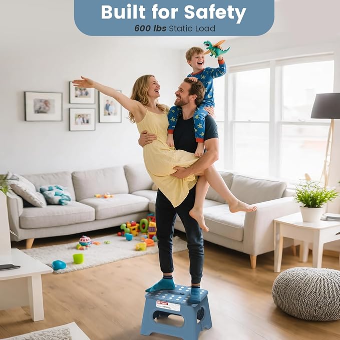 HBTower Folding Step Stool 9 Inch - Holds 600 lb, Non-Slip Surface & Carry Handle - Sturdy Step Stool for Kids, Toddlers & Adults - Compact Foldable Foot Stool for Kitchen, Bathroom, Bedroom(Blue)