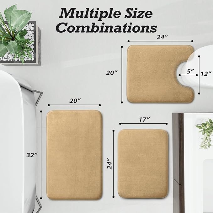HUXMEYSON Bathroom Rugs Sets 3 Piece, Non-Slip & Quick Dry Bath Mat Set, Ultra Soft Velvet Bath Rugs for Bathroom, Toilet and Shower Floor, Khaki