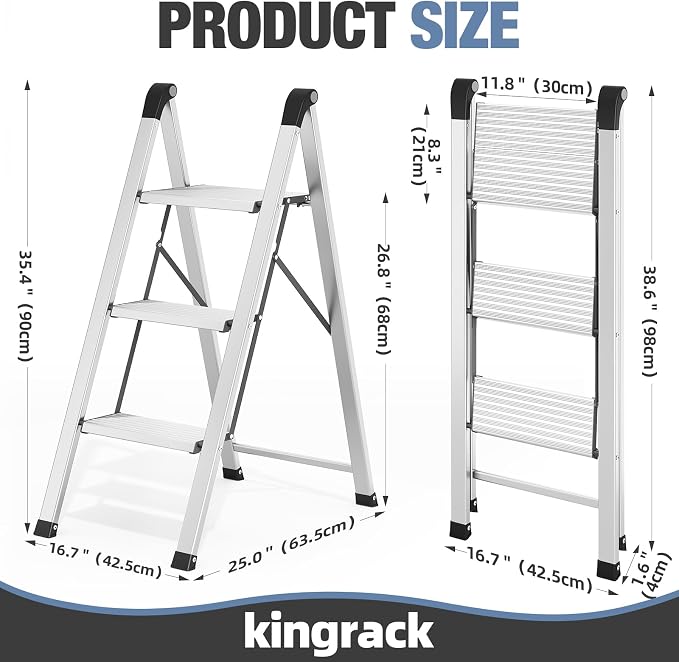 KINGRACK Aluminum Step Ladder, 3 Step Ladder Folding Design, Step Stool Foldable with Safe Grip, Non-Slip Handrails, Safety Lock, Heavy Duty 330LBS for Home, Kitchen, Garage, RV, Silver